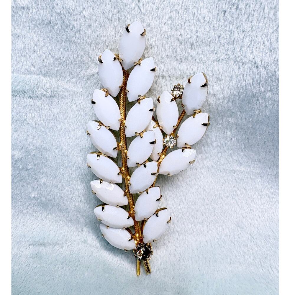 Vintage 1950s–70s White Molded Glass Leaf Spray Brooch, Gold‑Tone, Hand‑Soldered